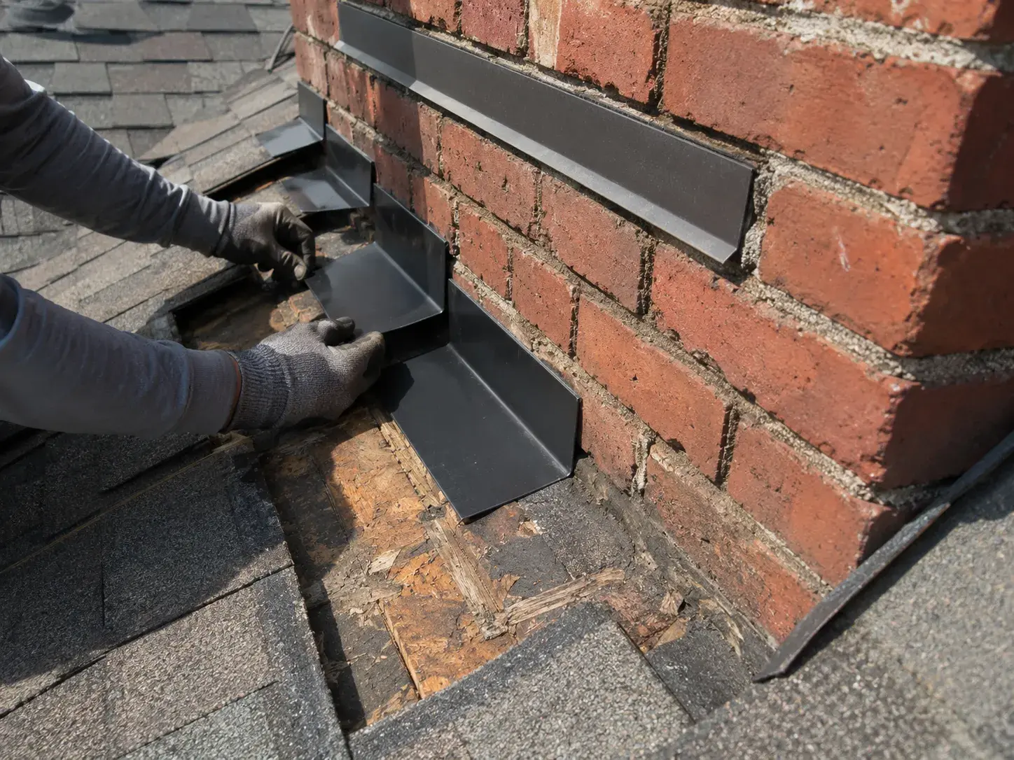 Roofer installing step joints on chimney during roofing service in Henderson, NC