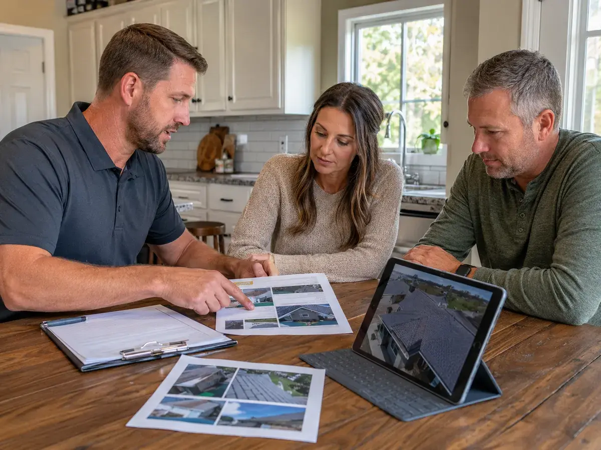 Roofing contractor reviewing detailed estimate with homeowners in Henderson, NC