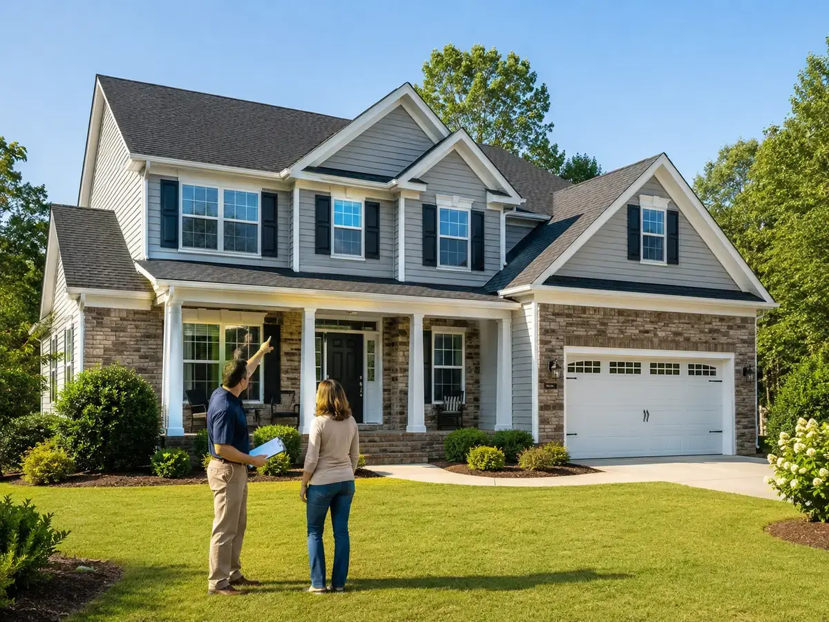 Roofing contractor walking homeowner through completed project in Henderson, NC