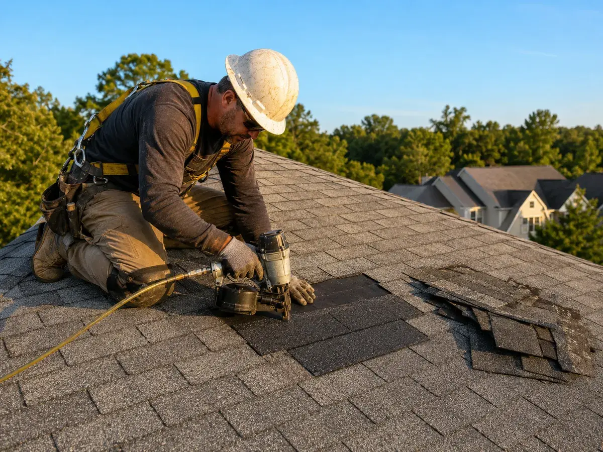 Roofer performing roof repair in Henderson, NC
