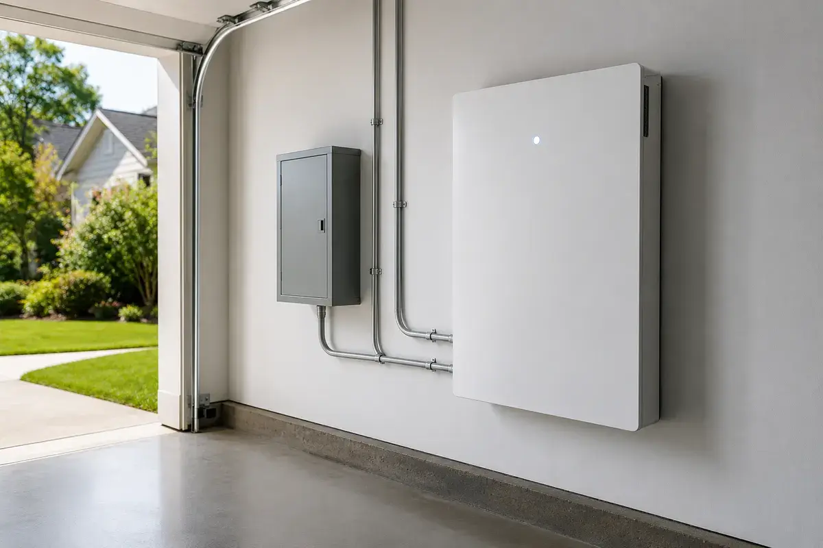 Home solar battery backup system installed in a garage in North Carolina