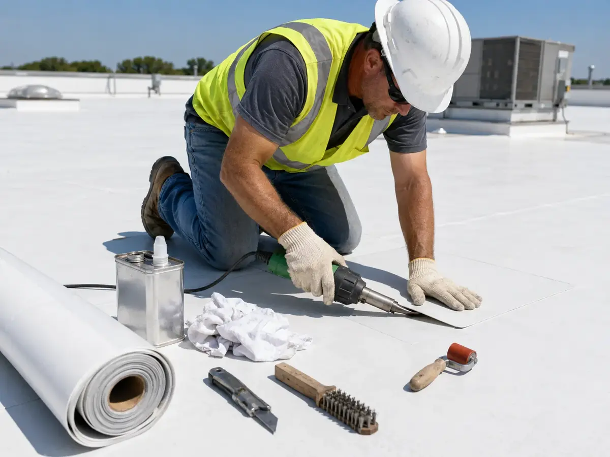 Commercial roof repair technician welding TPO membrane patch in Holly Springs NC