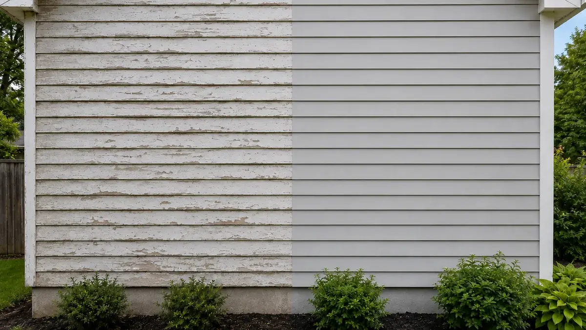 Fiber cement siding repair before and after - damaged siding repaired seamlessly
