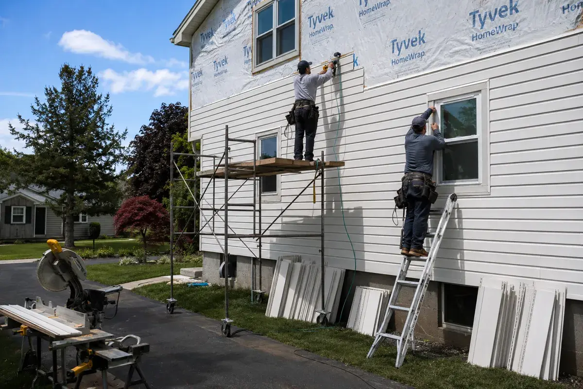 Professional siding installation crew working on home in Middlesex NC