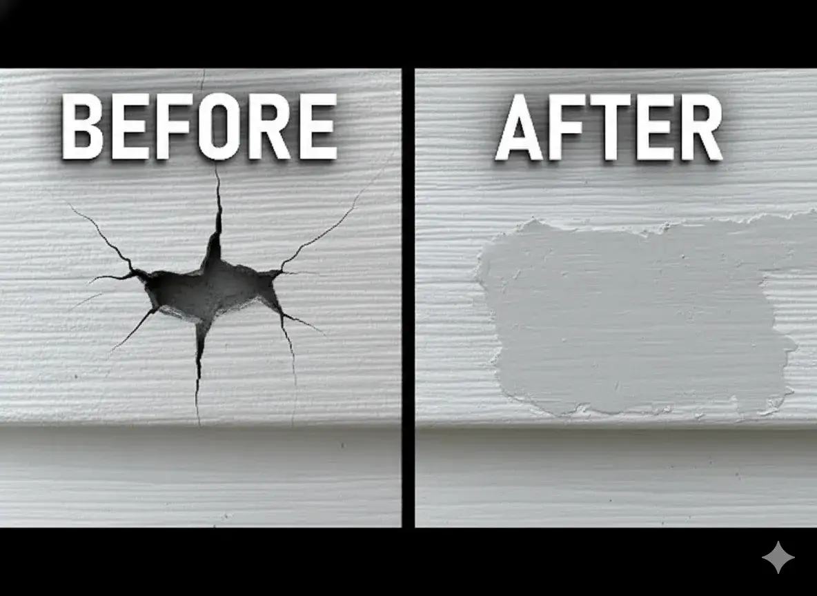 Siding repair before and after - cracked siding repaired seamlessly