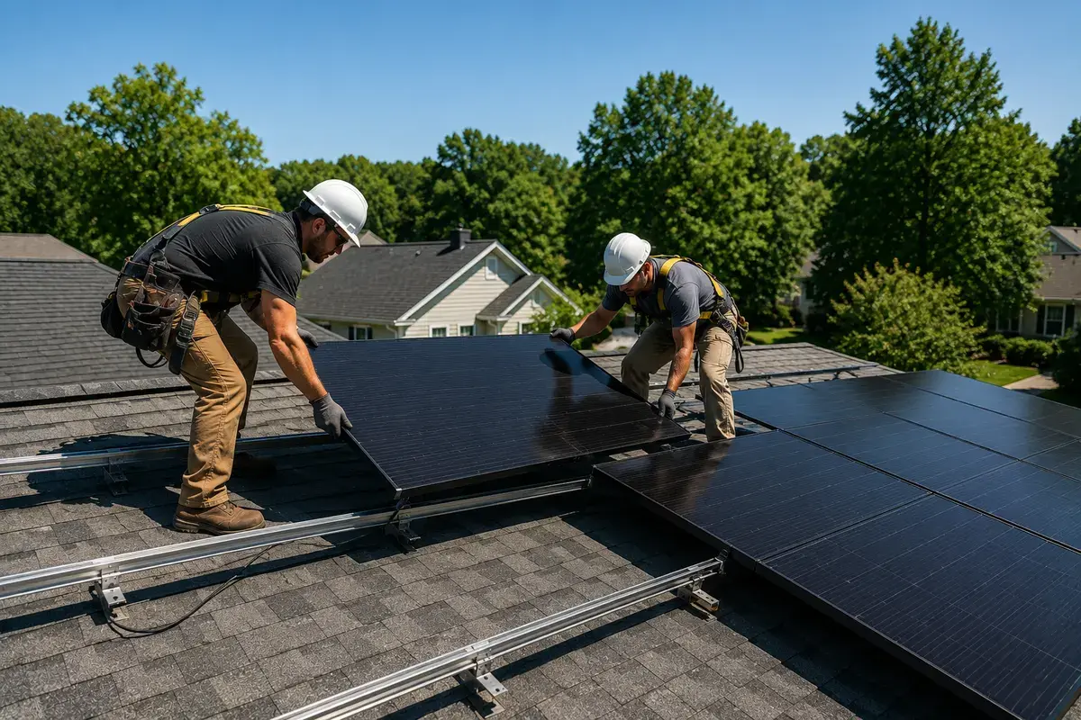 Solar panel installation with flashed roof penetrations in North Carolina