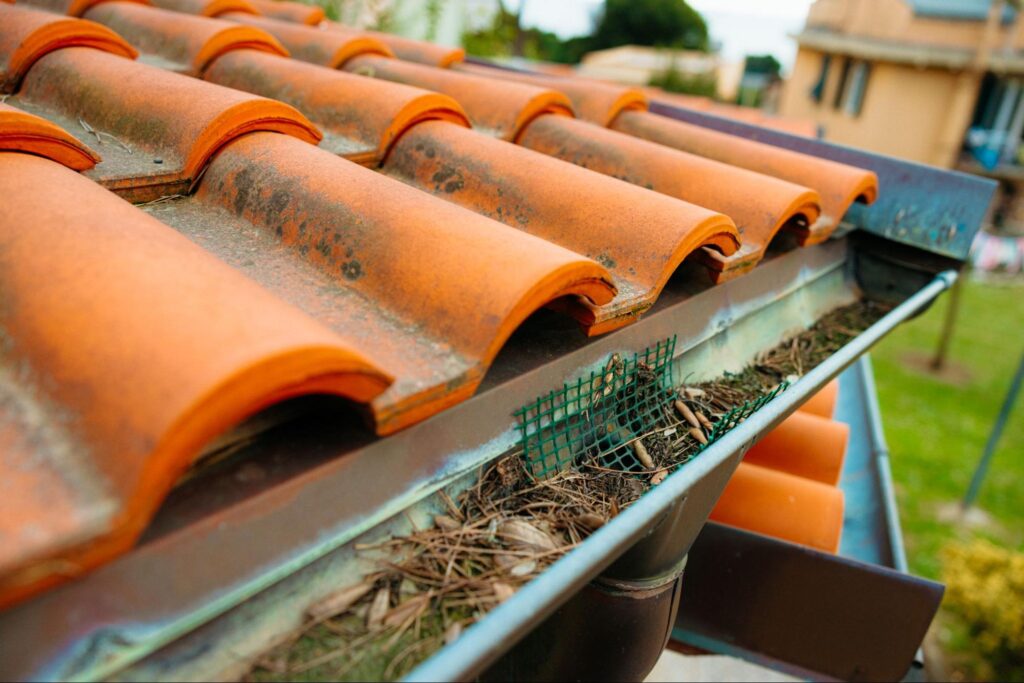 Clogged residential gutter filled with dry leaves and pine needles on a house roof.