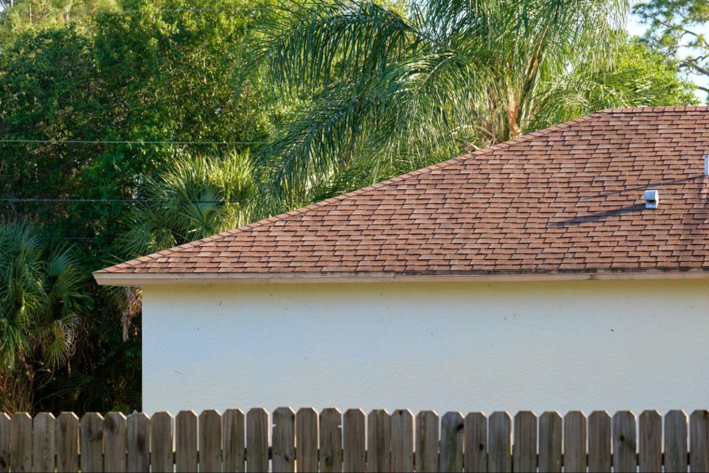 Shingle roof with a fence and a palm tree in the background. 